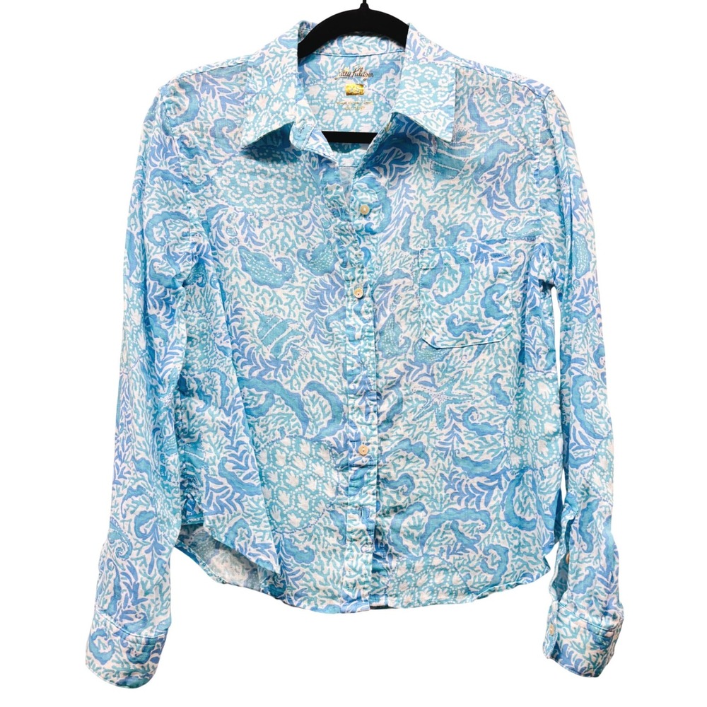 Lilly Pulitzer Women Blue White Linen Button Down Shirt Ocean Coral Print XS
